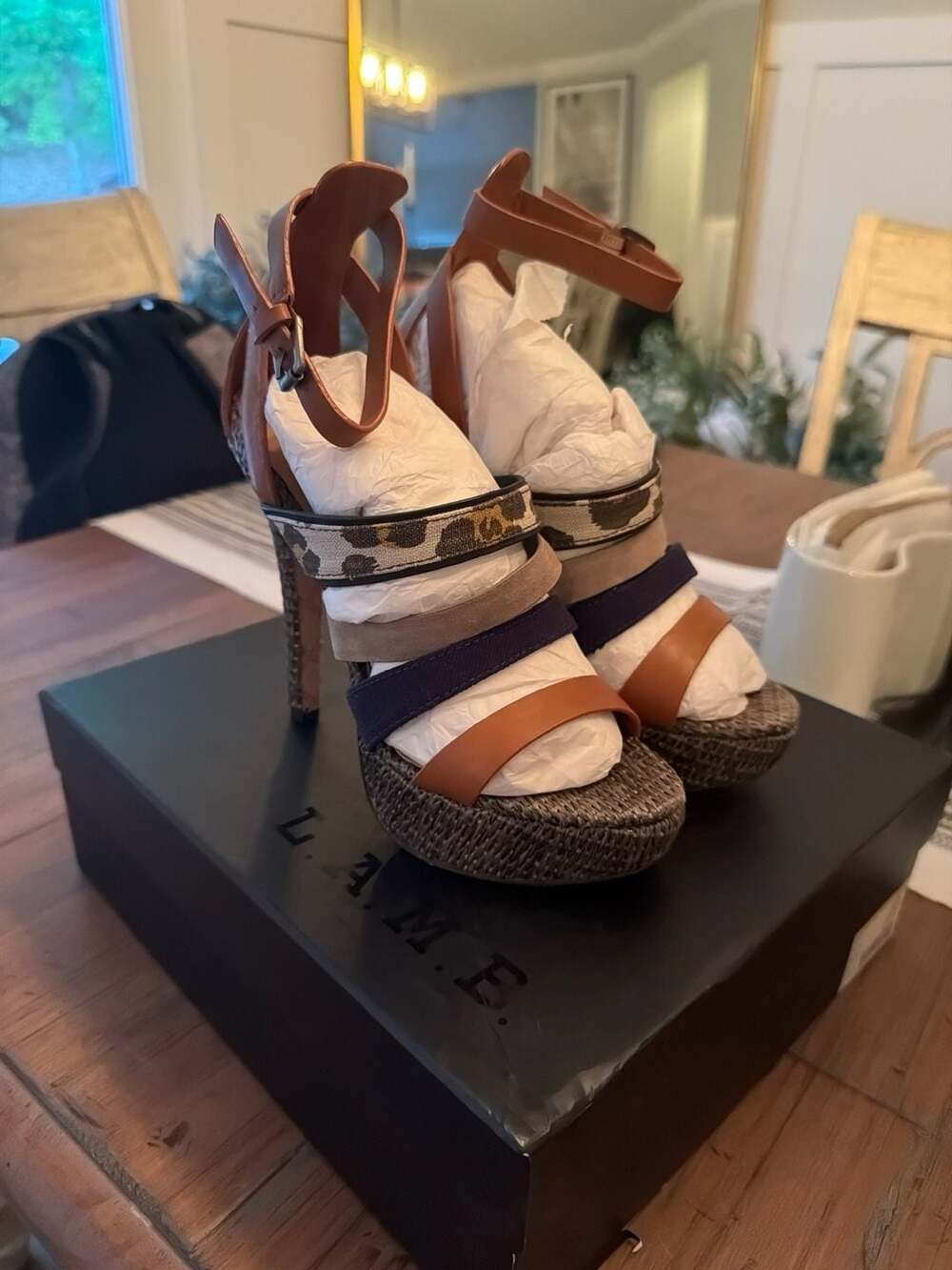 L.A.M.B. Eben Tan Multi Strappy Platform Stiletto Sandals Size 7